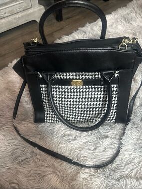 Black & White Houndstooth Satchel with Gold Accent Hardware